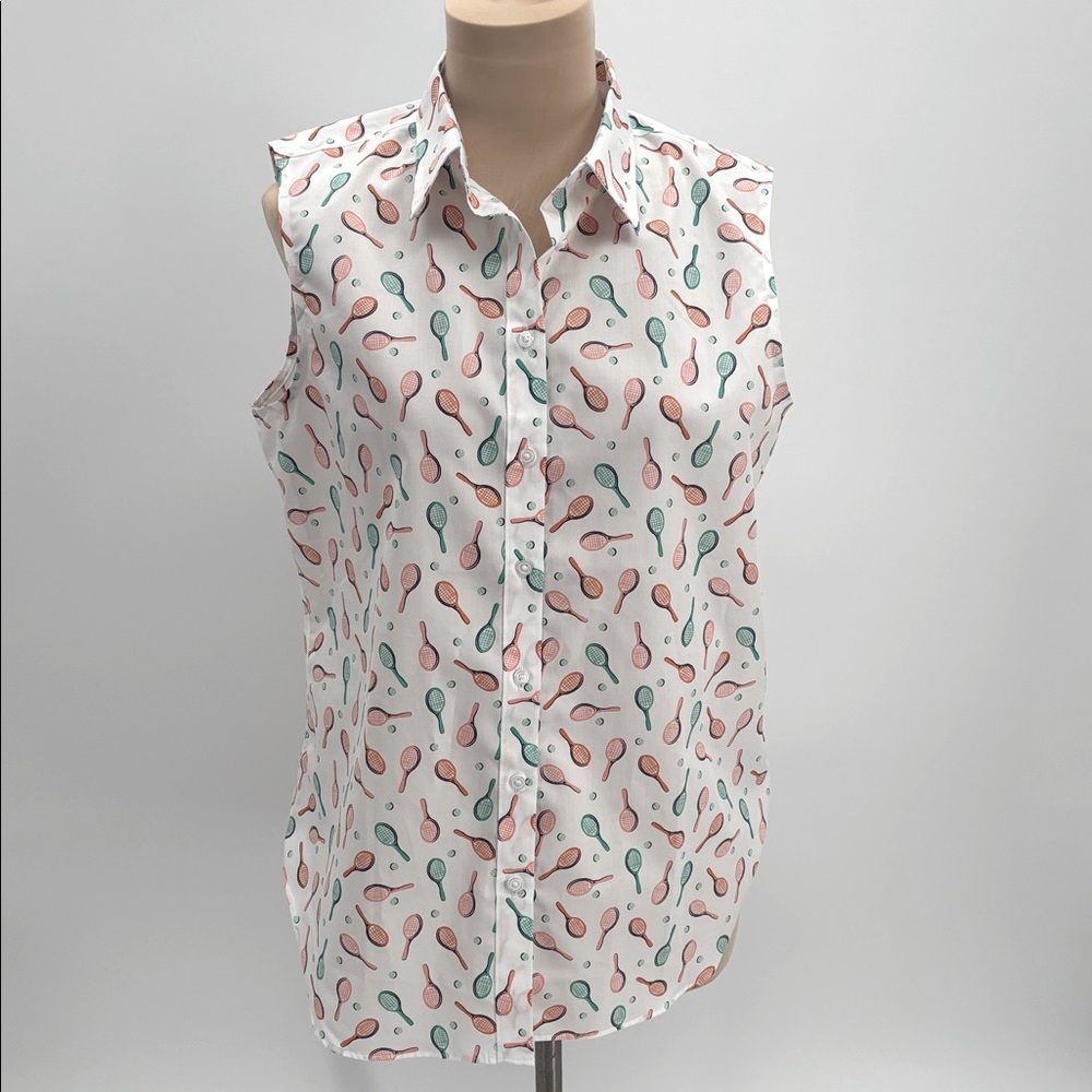 Lands End Tennis Racket Print Sleeveless Button Up Ladies Top Size 10